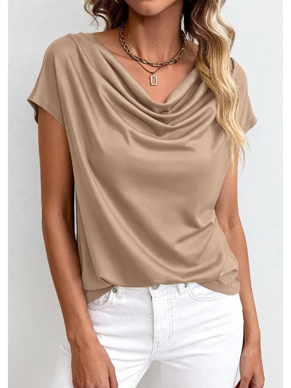 Women's Dressy Casual Khaki Summer Cowl Neck Short Sleeve Tops Spring Shirt - Picture 4 of 6